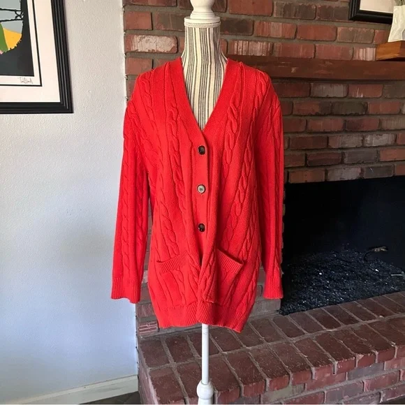 THE GREAT Cable Grandpa Cardigan in Habanero Orange Red Sz XS - Picture 3 of 11
